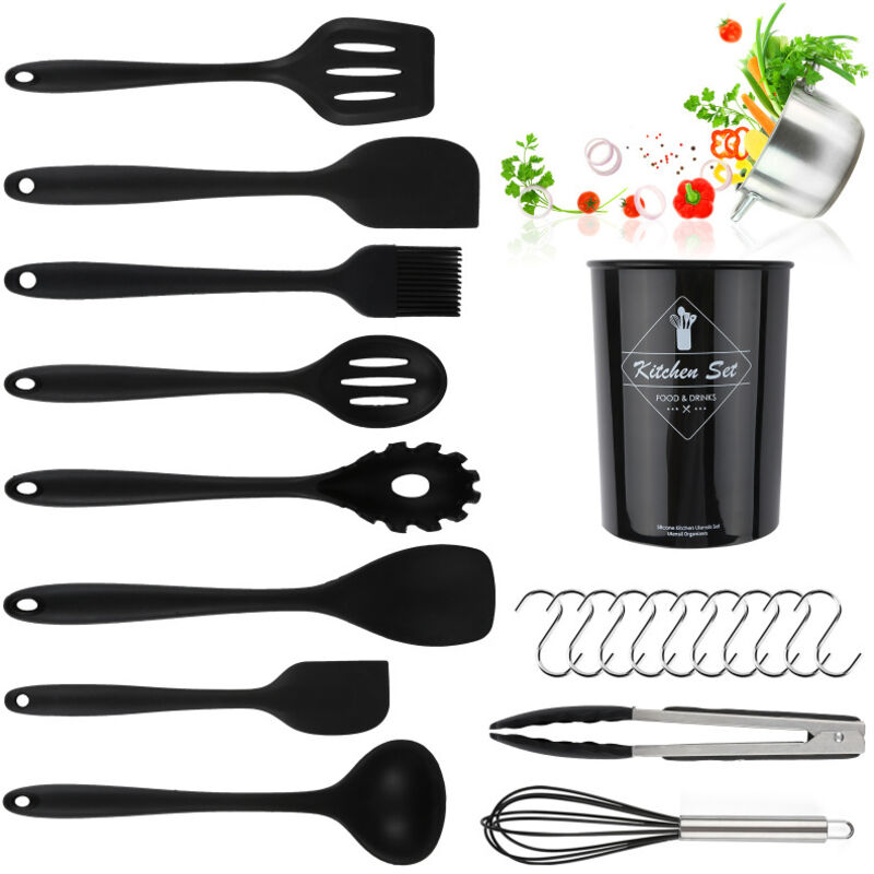 Ustensile de cuisine Silicone cuisine set de 12 outils de la spatule antiadhésive Noir - Hengda