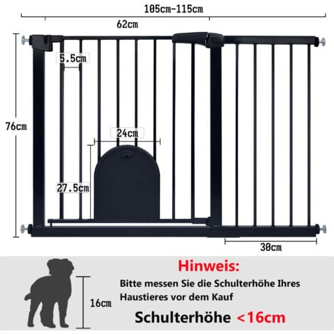 HENGMEI Barrière de protection de porte, sans perçage, pour enfants, bébés, chiens et chats, fermeture automatique à 180°, ouverture bidirectionnelle, 105 à 115 cm, noire