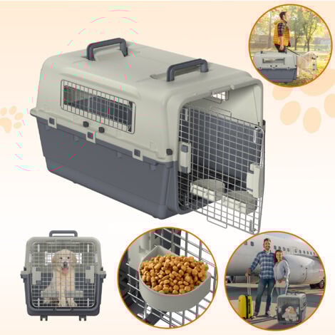 HENGMEI Boîte de transport pour chien Boîte de transport pour avion Boîte de voyage pour voiture avec fenêtre en fer & porte en fer & plateau pour couches & poignée & roues 80x57x70cm jusqu'à 20KG