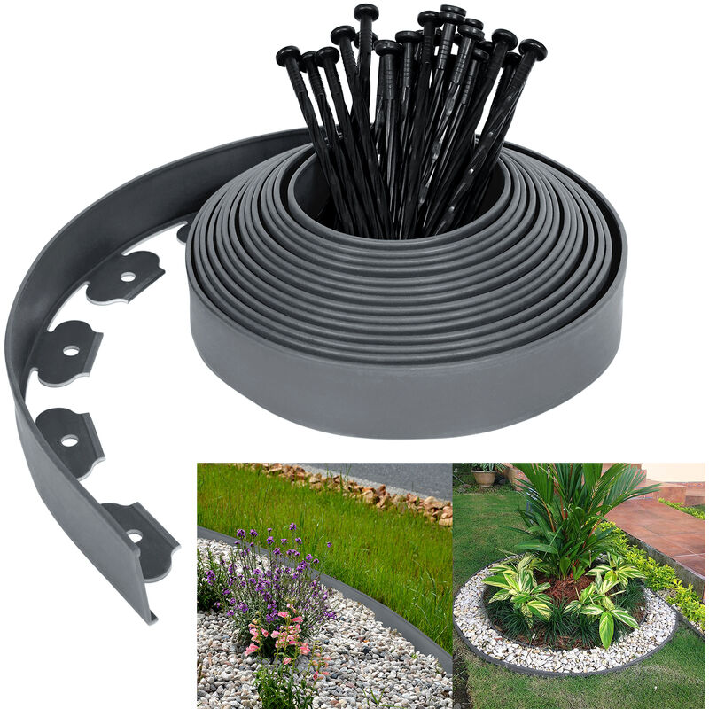 Bordure de jardin Bordure de pelouse en plastique flexible - 20 m - Avec 60 clous de fixation - Gris Hengmei