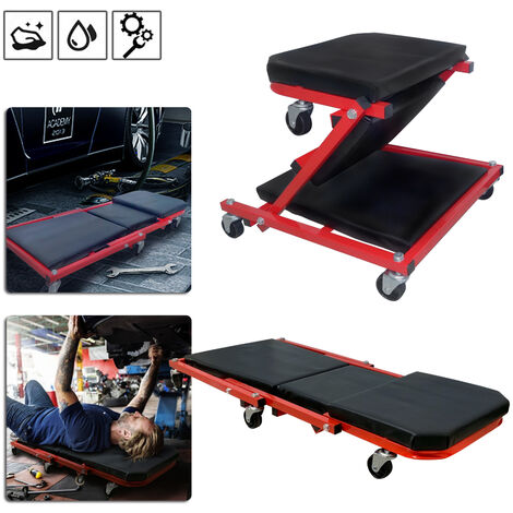 HENGMEI Chariot de Visite Mécanicien Pliable, 2 en 1 Tabouret d'atelier Chaise longue de montage avec roulettes 360° jusqu'à 150 kg
