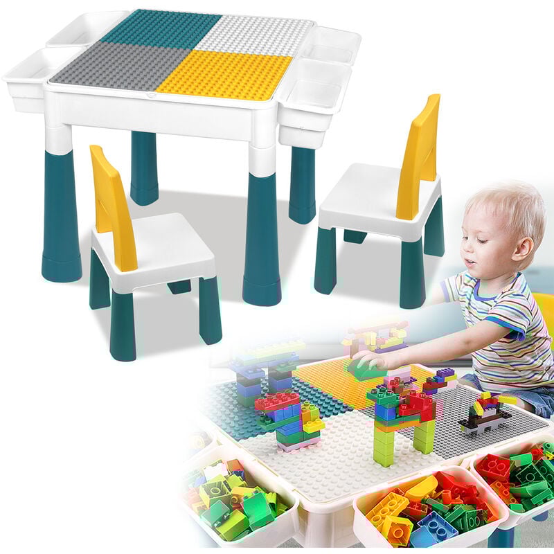 Hengmei - Kindertische Kindertisch Aktivitätstisch Set mit 163 Stück Bausteine 2 Stühle Multifunktionaler Bausteintisch mit doppelseitiger