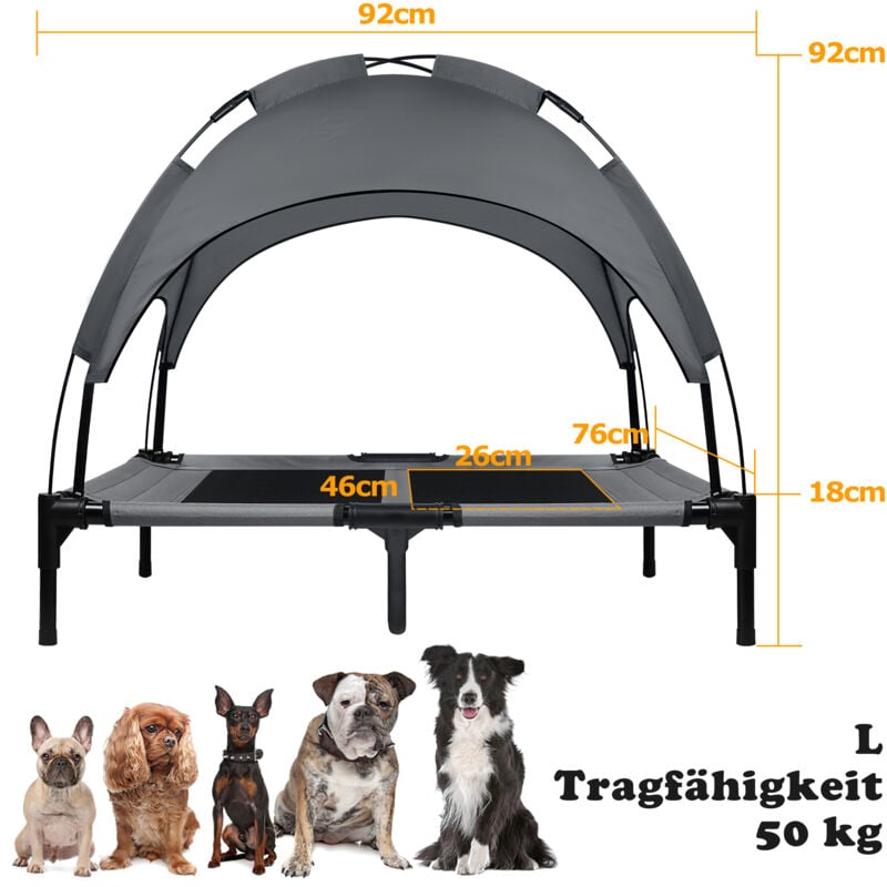 Lit pour chien avec toit - Protection solaire - l 92 x 76 x 92 cm - Avec baldaquin - Pour l'extérieur - Avec repose-pieds antidérapant - Résistant