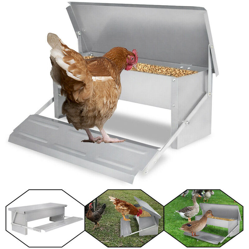 Aliment pour poule Mangeoire pour poules ,acier galvanisé ,Avec pédale à ouverture automatique ,couvercle étanche et anti-rats,5KG Hengmei