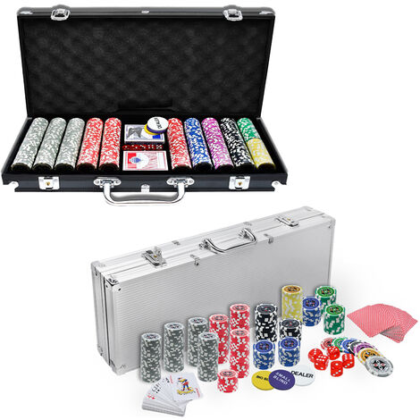 HENGMEI Pokerkoffer Pokerset mit 500 Laser Pokerchips Pokerkarten Zubehör inkl. 2X Pokerdecks, Alu Pokerkoffer, 5X Würfel, 3X Dealer Button, Poker (Silber)