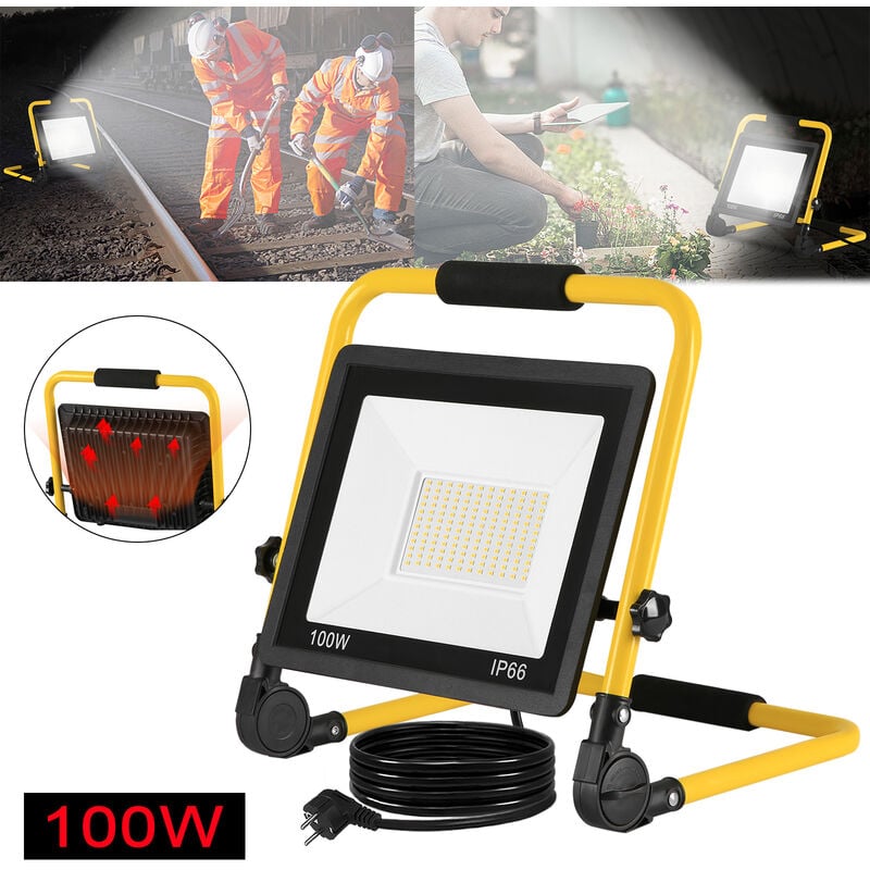 Projecteur portatif Projecteur led 100W Lampe de chantier Led Extérieur portable IP66 Etanche avec support 3m câble, Blanc froid Hengmei