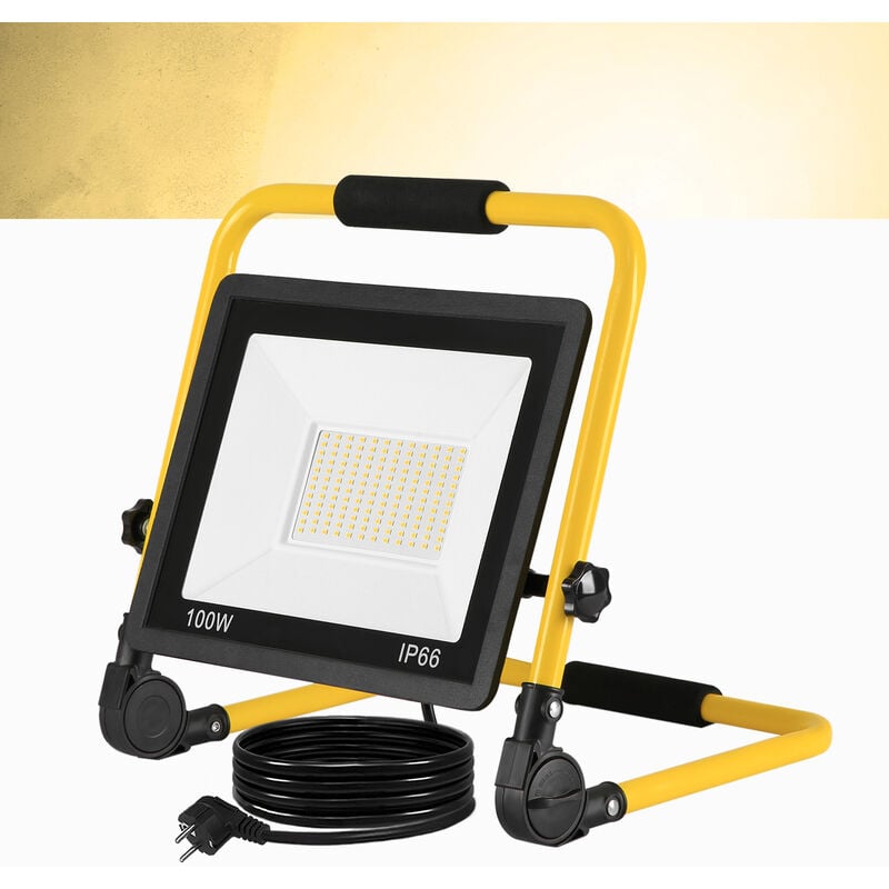 Projecteur portatif Projecteur led Lampe de chantier Led Extérieur portable IP66 Etanche avec support 3m câble, 100W Blanc Chaud Hengmei
