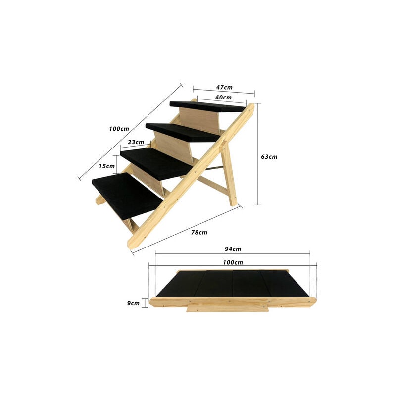 Rampe Pliable 2 en 1 en Bois pour Chien, Escalier à 4 Marches pour Lit, Canapé ou Voiture, Échelle Jusqu'à 100 kg, Rampe pour Animal de Compagnie
