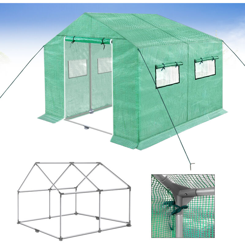 Serre à tomates Serre de jardin tunnel 3x2x2m Green House Kit avec porte à fermeture éclair enroulable et fenêtres, vert Hengmei