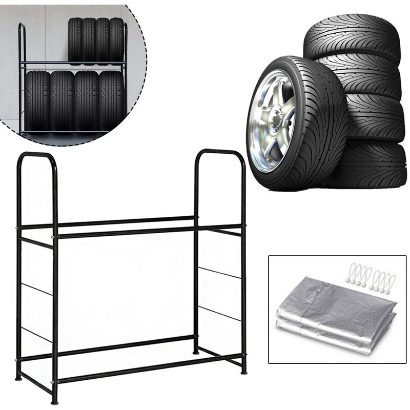 Etagère de pneu Étagère de rangement universelle pour 8 pneus En métal Pour charges lourdes 107x46x117cm 180kg Noir Avec housse protection Hengmei