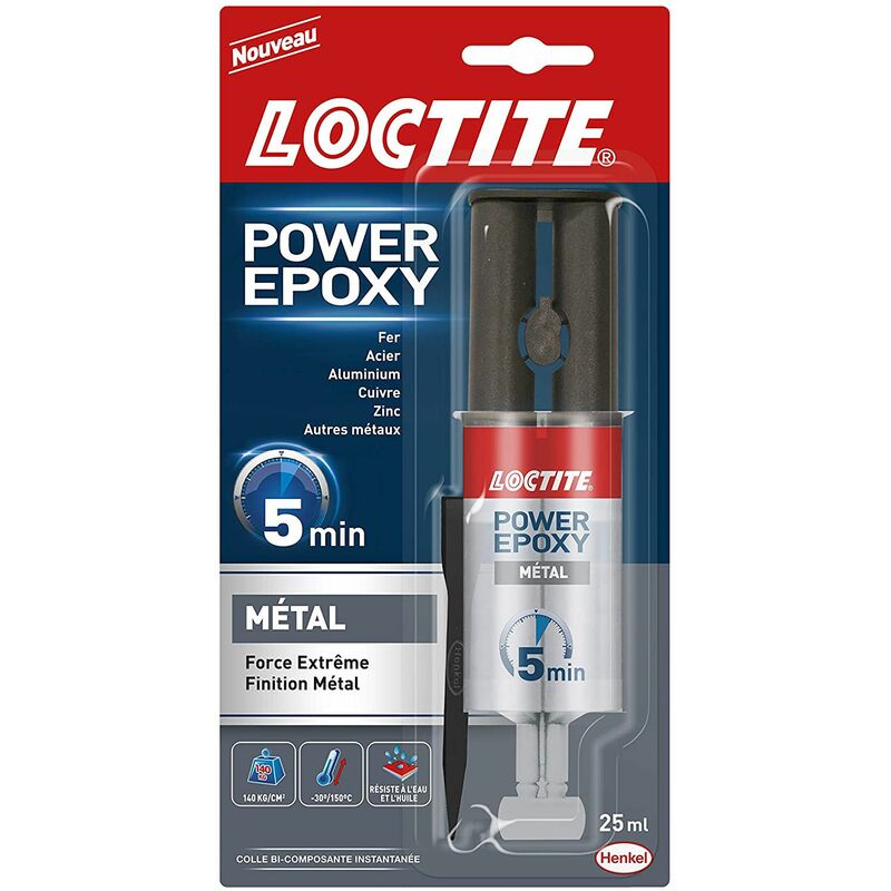 Loctite - Colle Epoxy liquide spéciale Metal, Colle epoxy bi-composante couleur métal, Colle forte et rapide pour métaux et autres matériaux, colle