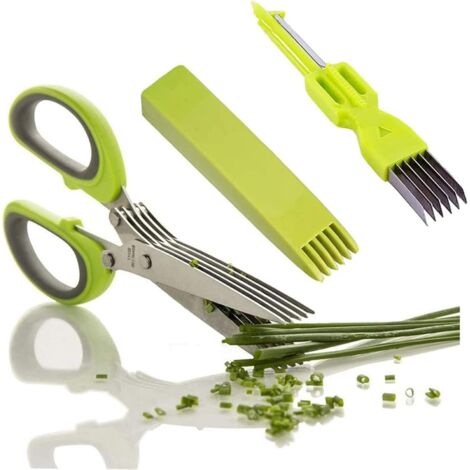 Herb Scissors, 5 Blades Herb Scissors for Aromatic Herbs Equipped with Cleaning Comb Green-gray