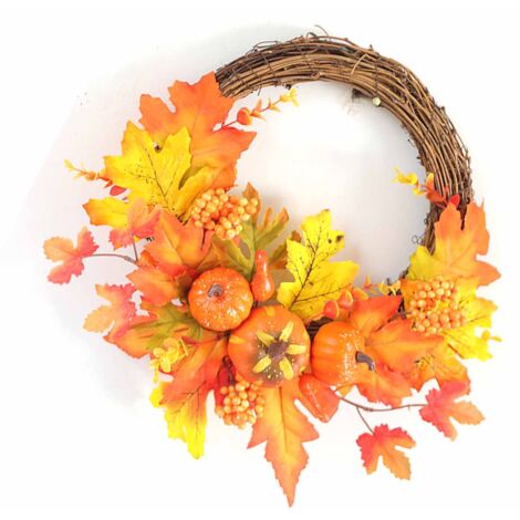 Herbstkranz 30 cm (12 Zoll) Türdekoration aus Eichenholz mit Kürbis und Ahornblättern, realistisches Herbstdesign, gefertigt aus Polyurethan, Wandplakette
