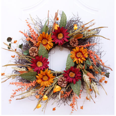 Herbstkranz für Halloween, künstliche Sonnenblume, Kürbis, Beeren, Türhänger, Erntedankfest, Rattankreis