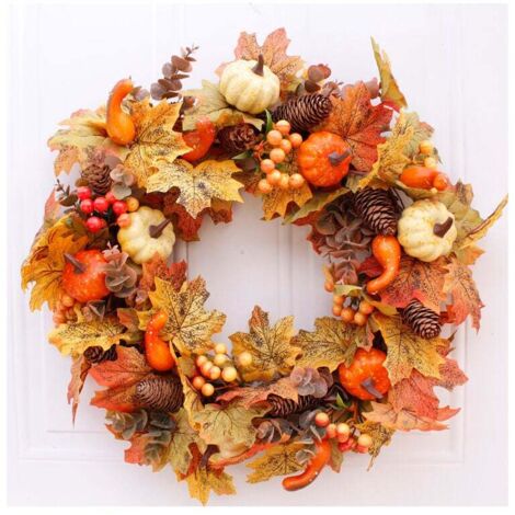 Herbstlicher Ahornblatt-Kürbis-Halloween-Kranz, künstliche Herbstblätter, Ahornblatt-Girlanden, 60 cm, Beeren-Kürbis, hängende Wanddekoration, Türkranz für Thanksgiving, Weihnachten