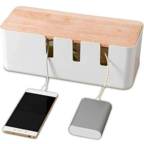 HERCHR Boîte de Rangement de câbles 30,3 x 12,5 x 11,5cm, Organisateur de câbles avec Couvercle en Bois pour Ordinateur TV, multiprise, Chargeur Ligne