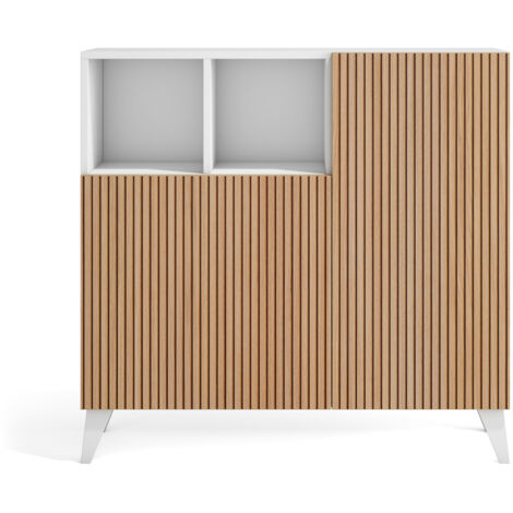 Herdasa, Meuble à chaussures en mélamine, modèle Moss, 87x90x27 cm, blanc - portes effet lattes chêne