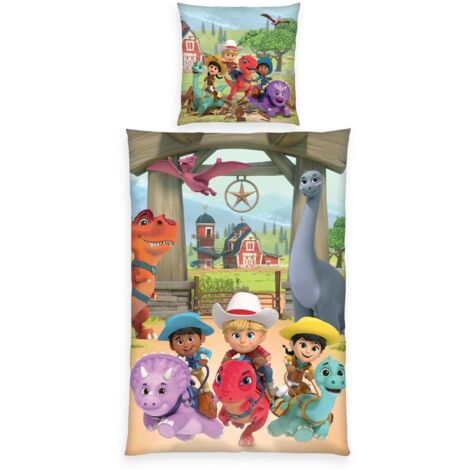 Herding Set di Biancheria da Letto Dino Ranch, Federa 80 x 80 cm, Copripiumino 135 x 200 cm, Con Cerniera Scorrevole di Qualità, Cotone
