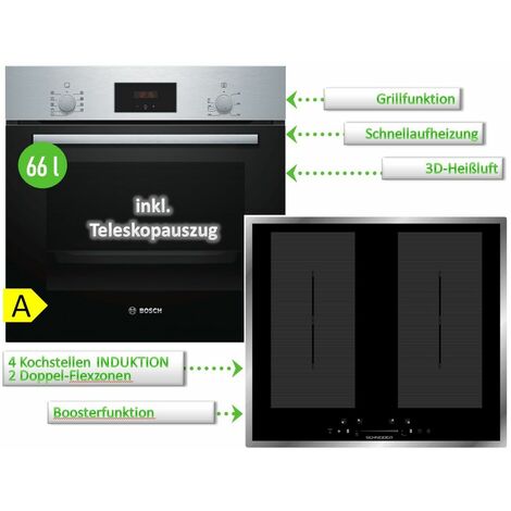 Herdset Bosch Backofen Teleskopauszug 3DHeißluft + Wolkenstein Induktionskochfeld autark 60cm
