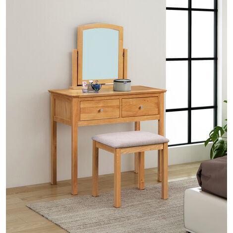 Hereford Light Oak Dressing Table Set with Stool and Swivel Mirror | Makeup Vanity Desk Set