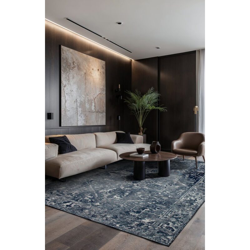 Beneffito - Tapis - Collection Heris Deep Blue - Tapis - Bleu - 80x150cm - Tapis à Motifs, Finition Artisanale, Tissage en Belgique - Tapis de