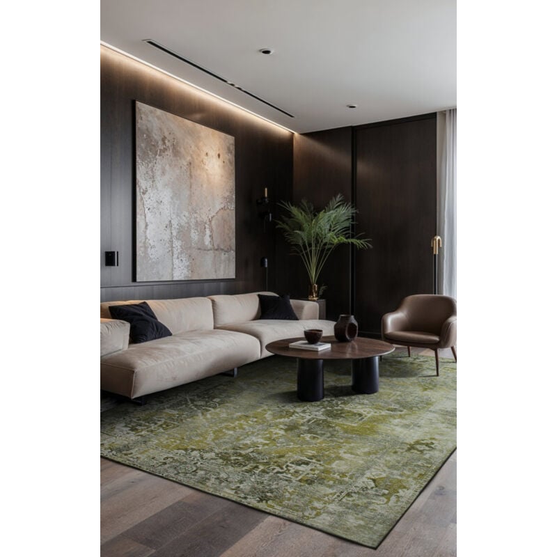 Beneffito - Tapis - Collection Heris Olive - Tapis - Vert - 80x150cm - Tapis à Motifs, Finition Artisanale, Tissage en Belgique - Tapis de Moderne de