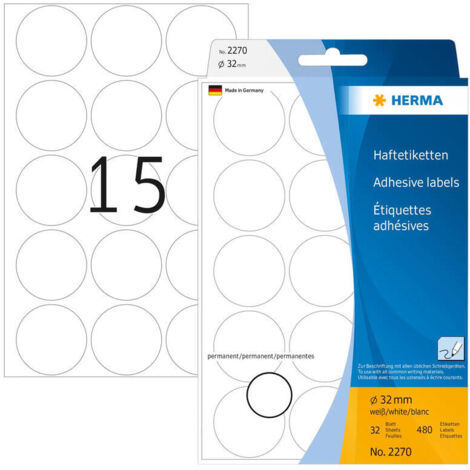 HERMA 2270 etiqueta autoadhesiva Blanco Círculo 480 pieza(s)