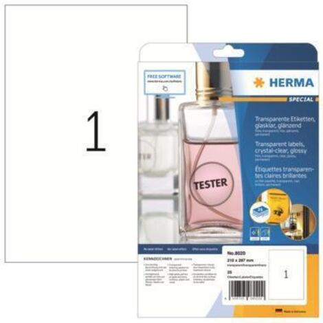 Herma 8020 Etiquette plastique 210 x 297 mm film, brillant transparent 25 pc(s) fixation permanente imprimante laser, p