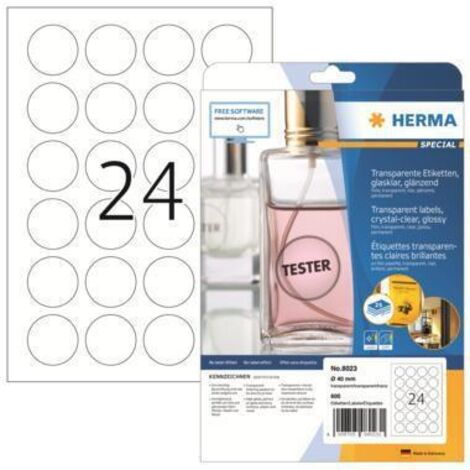 Herma 8023 Etiquette plastique Ø 40 mm film, brillant transparent 600 pc(s) fixation permanente imprimante laser, photo