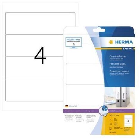 HERMA Ordnerrückenetikett HERMA SPECIAL breit/kurz 61 x 192 mm (B x H) selbstklebend ohne Griffloch weiß100 Etik./Pack.