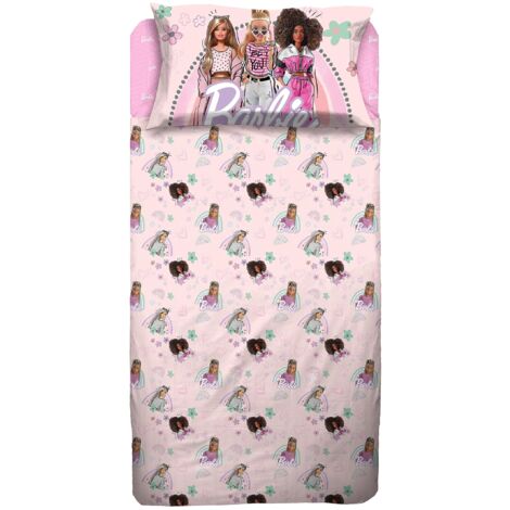 Hermet - Barbie, Lenzuolo Singolo, Set Completo Letto, Rosa, Bimba, Lenzuola Cameretta, Lenzuolo Sopra, Lenzuolo Con Angoli, Federa 50x80, 100 Percento Cotone, Prodotto Ufficiale (6337 673 BR01)
