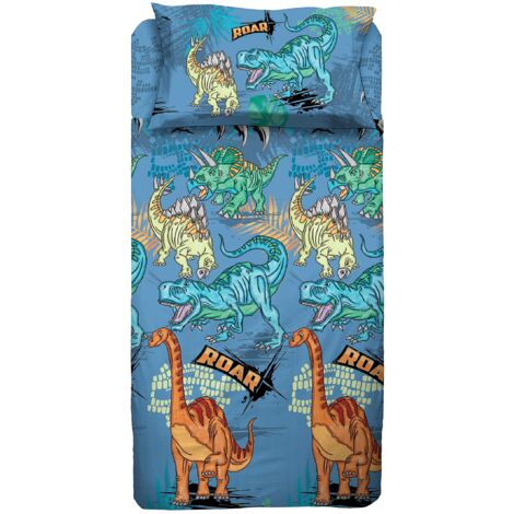 hermet Dinosauri, Set Lenzuolo Singolo Cameretta, Una Piazza, Completo Letto, Lenzuolo Sopra, Lenzuolo Sotto Con Angoli, Federa, 100% Cotone, Azzurro