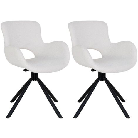 HERMOS - Lot de 2 Fauteuils de Table Tissu Bouclé Blanc Pied Pivotant Métal Noir