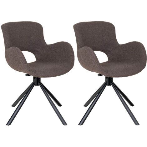 HERMOS - Lot de 2 Fauteuils de Table Tissu Bouclé Taupe Pied Pivotant Métal Noir
