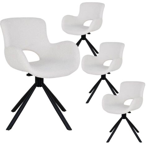 HERMOS - Lot de 4 Fauteuils de Table Tissu Bouclé Blanc Pied Pivotant Métal Noir