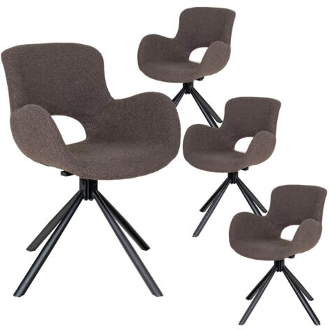 HERMOS - Lot de 4 Fauteuils de Table Tissu Bouclé Taupe Pied Pivotant Métal Noir