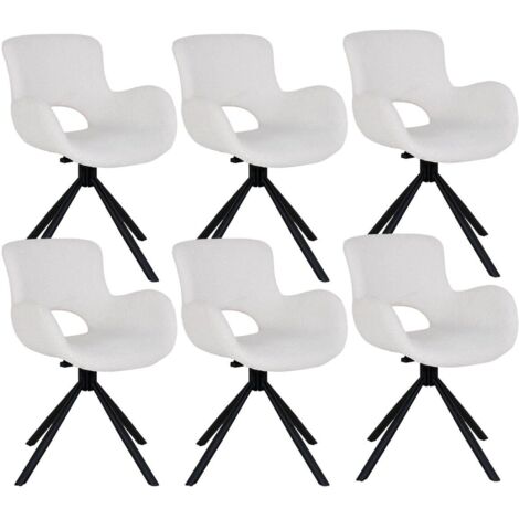 HERMOS - Lot de 6 Fauteuils de Table Tissu Bouclé Blanc Pied Pivotant Métal Noir