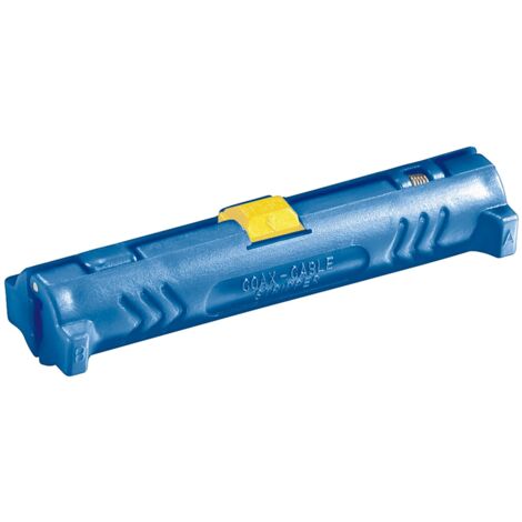 Herramienta de desaislado coaxial con resorte de apertura y bloqueo de seguridad, para pelar y desaislar todos los cables coaxiales habituales.