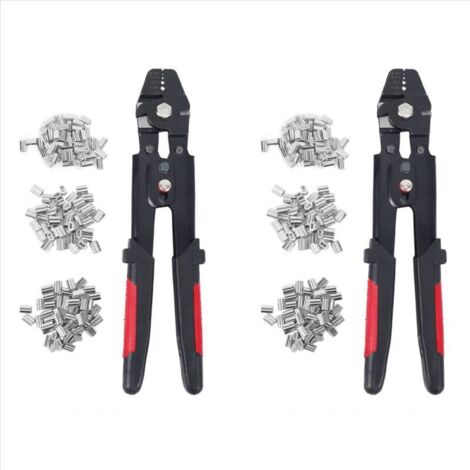 Herramienta de engaste de cables de acero de 2 piezas con manguitos de engaste.