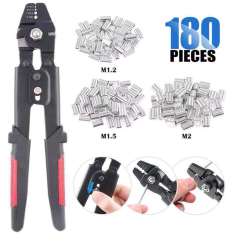 Herramienta de engaste para cables de acero de hasta 2,2 mm con 180 piezas (1,2/1,5/2 mm) en aluminio de doble barril.