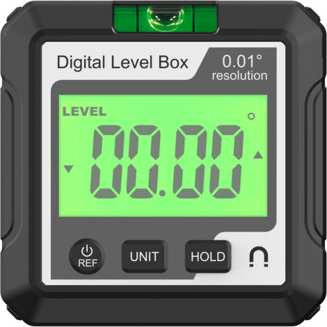 Herramienta digital de medición de ángulos, nivel electrónico con nivel de burbuja LCD y base magnética para trabajos de carpintería y construcción.