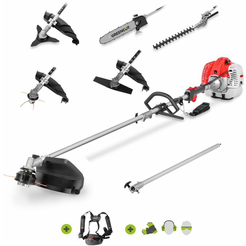

Greencut - Herramienta multifunción con motor gasolina 2 tiempos 65cc 4,9cv, 6 accesorios distintos para cortar, manillar de agarre doble, arnés de