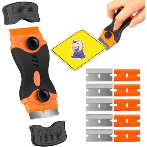 Herramienta para limpiar y eliminar adhesivos – Diseño multifuncional de doble hoja – Incluye 10 hojas de plástico y 10 hojas de metal.