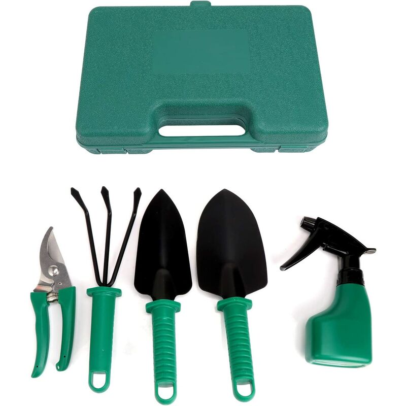 

Herramientas de jardín de 5 piezas con tijeras, pala, rastrillo y pulverizador Mango ergonómico, antideslizante y anticorrosivo - Caja de