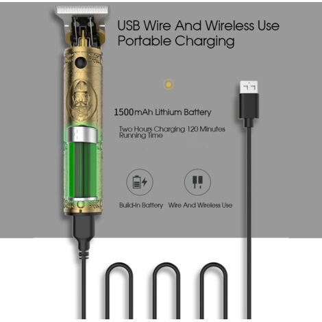 Herren-Bart- und Körperhaartrimmer mit T-Klingen, 4-teilig, kabellos, USB-Anschluss, Zink-Nickel-Legierung, 20 cm lang, 1500 mAh Lithium-Akku, tragbar