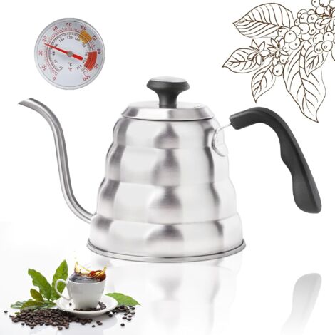 Hervidor de acero inoxidable con cuello de cisne, 1,2 L, con termómetro, apto para cocinas de gas e inducción, con mango resistente al calor, acabado en plata cepillada.