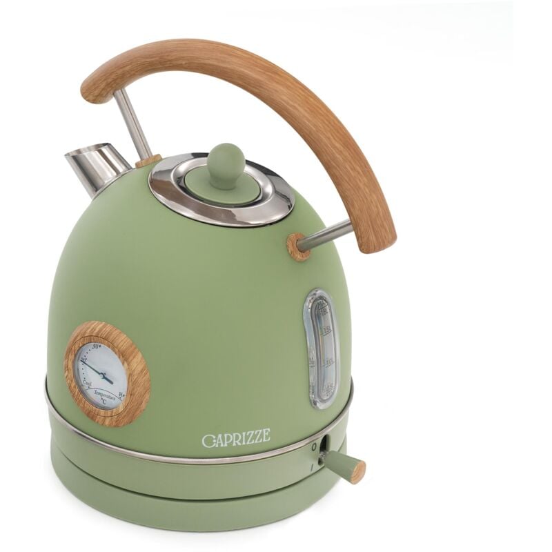 Caprizze - Hervidor de Agua Nara 2200 w de Acero Inoxidable con Termómetro Integrado Capacidad 1.8 l Verde Mate y Efecto Madera