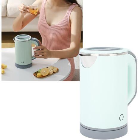 Hervidor de agua de 800 ml, doble pared aislada, 600 W, con base, color verde, equipado con enchufe europeo de 220 V 50 Hz, fabricado en acero inoxidable 304 con protección contra ebullición en seco p