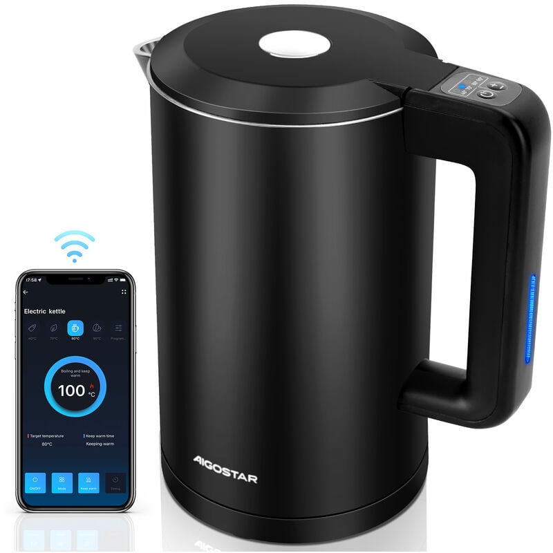 Hervidor de Agua Inteligente Temperatura Regulable de 40°C a 100°C, Control Wifi, Alexa y Google Home, Doble Pared de Acero Inoxidable, 2200W, 1,7L,