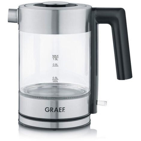 Hervidor de vidrio GRAEF WK300 - hervidor de 1 litro, vidrio SCHOTT DURAN, acero inoxidable, LED, marca de nivel de llenado, base de 360°, filtro antical, potente 2200 vatios